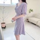 Tie-cuff Floral Silky Midi Dress