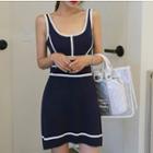 Contrast Trim Strappy Knit A-line Dress Blue - One Size