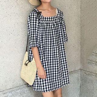 Gingham Elbow-sleeve Dress