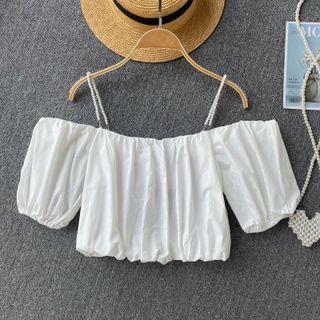 Faux Pearl Suspender Off-shoulder Puff-sleeve Top