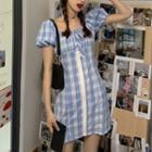 Puff-sleeve Plaid Mini Dress As Shown In Figure - One Size