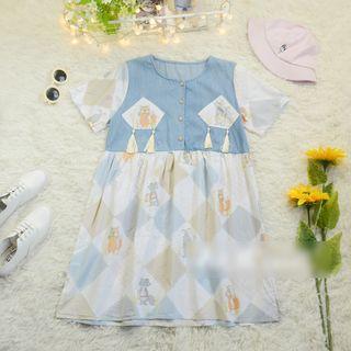 Tasseled Printed Short-sleeve A-line Dress