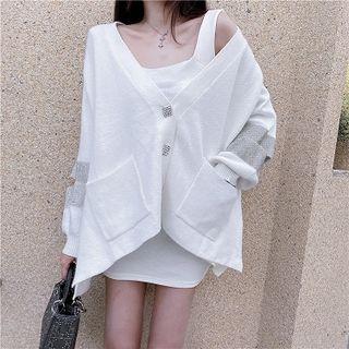 Plain Single-breasted Loose-fit Long-sleeve Cardigan / Plain Square-neck Slim-fit Sleeveless Dress