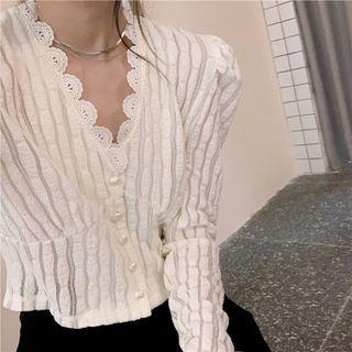 Puff-sleeve V-neck Lace Button-up Top