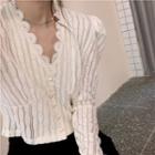 Puff-sleeve V-neck Lace Button-up Top