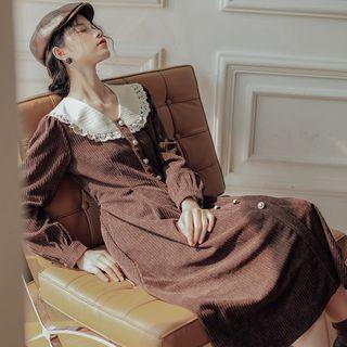 Long-sleeve Sailor Collar Lace Trim Corduroy Midi A-line Dress