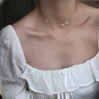 925 Sterling Silver Cross & Heart Pendant Choker