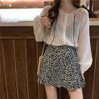 Lantern-sleeve Blouse / Flower Print Mini A-line Skirt