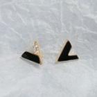 925 Sterling Silver Rhinestone Letter V Earring 1 Pair - Black & Silver - One Size
