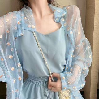 Long-sleeve Embroidered Mesh Shirt / Spaghetti Strap Top / Shorts / Set