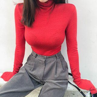 Turtle-neck Extra Long-sleeve Slim Top