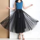 Lace Trim A-line Midi Mesh Skirt