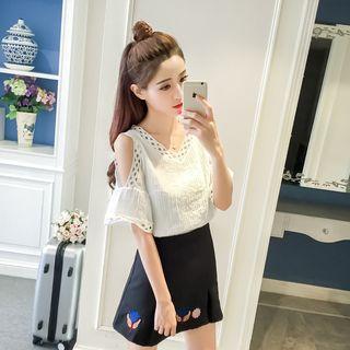 Set: Elbow-sleeve Cutout Shoulder Top + A-line Skirt / Top