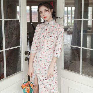 Elbow-sleeve Cherry Print Qipao Dress