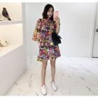 Puff-shoulder 3/4-sleeve Scallop-edge Floral Shift Dress