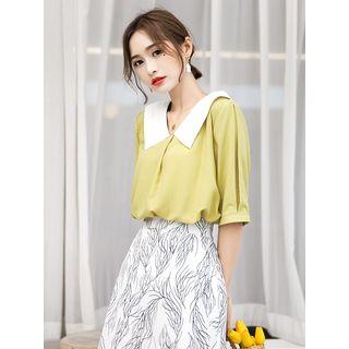 Elbow-sleeve Color Block Collar Chiffon Top