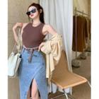 Long-sleeve Plain Loose-fit Shirt / Tank Top / High-waist Denim Skirt