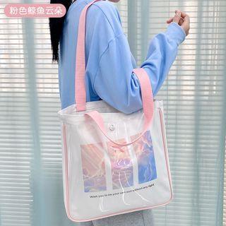 Graphic Print Pvc Panel Canvas Tote Bag Pink & White - One Size