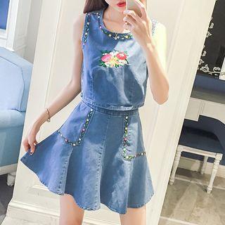 Set: Floral Embroidered Denim Sleeveless Top + A-line Denim Skirt