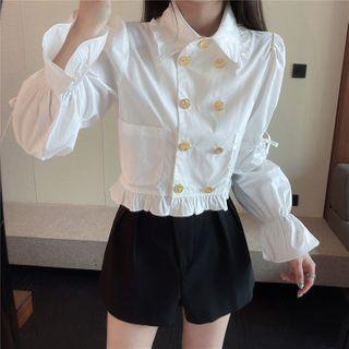 Plain Puff-sleeve Blouse / Wide-leg Shorts