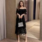 Lace Off-shoulder Short-sleeve Layered Midi A-line Dress
