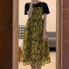 Short-sleeve T-shirt / Tie-strap Floral Print Midi A-line Dress / Set