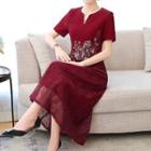 Short-sleeve Floral Embroidered Midi A-line Lace Qipao Dress