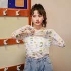Long-sleeve Mesh T-shirt Floral - One Size
