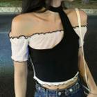 Short-sleeve Mock Two Piece Top Black & White - One Size