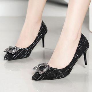 Rhinestone Buckle Tweed Pumps
