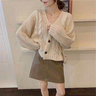 Chunky Knit Cardigan / V-neck Sleeveless Midi Dress / Faux-leather A-line Skirt