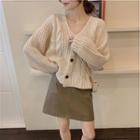 Chunky Knit Cardigan / V-neck Sleeveless Midi Dress / Faux-leather A-line Skirt