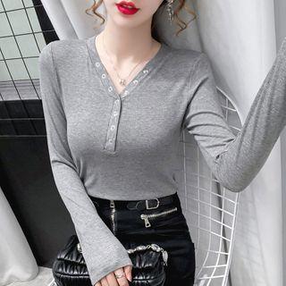 V-neck Long-sleeve Henley T-shirt