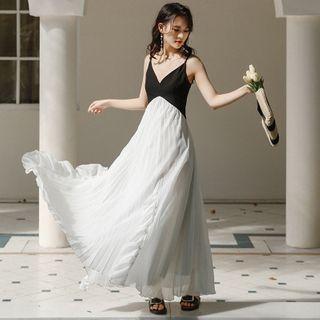 Spaghetti Strap Two-tone Maxi A-line Chiffon Dress