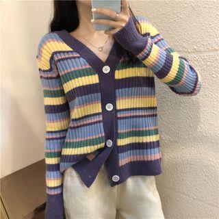 Striped V-neck Cardigan Stripes - Purple & Blue & Green - One Size