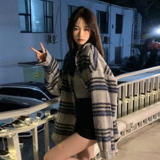 Plaid Fluffy Shirt Jacket Plaid - Blue - One Size