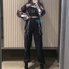 Spaghetti Strap Top / Printed Cropped Jacket / Harem Pants / Set
