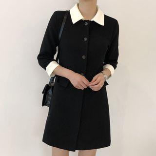 3/4-sleeve Two-tone Mini Collared Dress Black - One Size