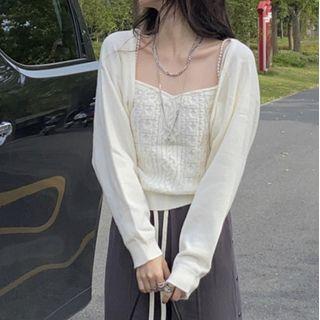 Set: Long-sleeve Shrug + Faux Pearl Strappy Camisole Top White - One Size
