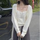 Set: Long-sleeve Shrug + Faux Pearl Strappy Camisole Top White - One Size