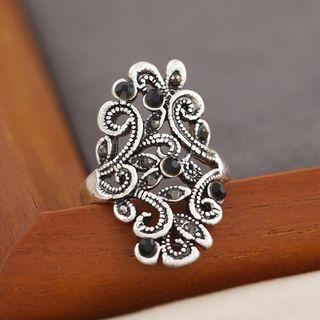 Rhinestone Alloy Ring 1pc - Silver & Black - One Size