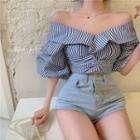 Puff-sleeve Striped Blouse Blouse - Stripe - Blue - One Size