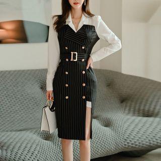 Striped Panel Long-sleeve Collared Sheath Dress