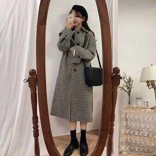 Single-breasted Plaid Long Coat Plaid - One Size