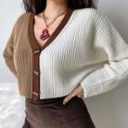 Color Panel V-neck Knit Cropped Cardigan Khaki + White - One Size