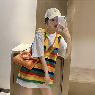 Crew-neck Elbow-sleeve Oversize T-shirt / Lettering Striped V-neck Oversize Knit Tank Top