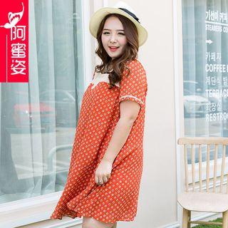 Lace Trim Dotted Short Sleeve T-shirt Dress