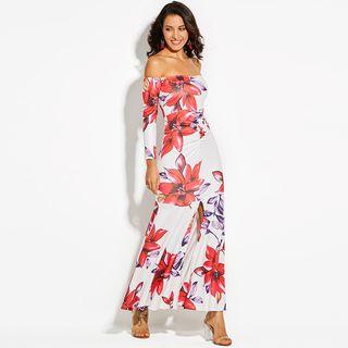 Flower Print Off-shoulder Long-sleeve Maxi Sheath Dress