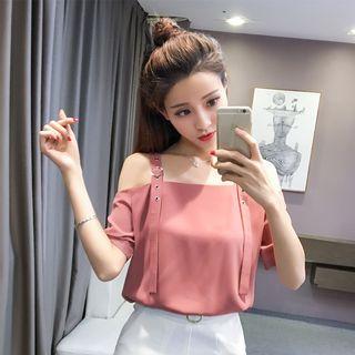 Plain Off Shoulder Short Sleeve Chiffon Top