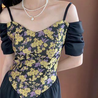 Short-sleeve Cold-shoulder Floral Print Blouse